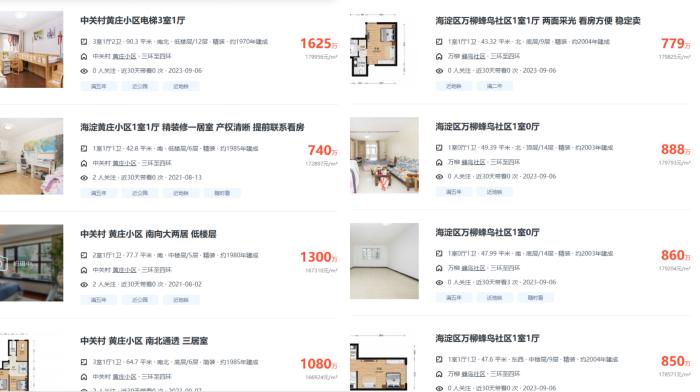 北京市海淀區(qū)部分高單價二手房源截圖。