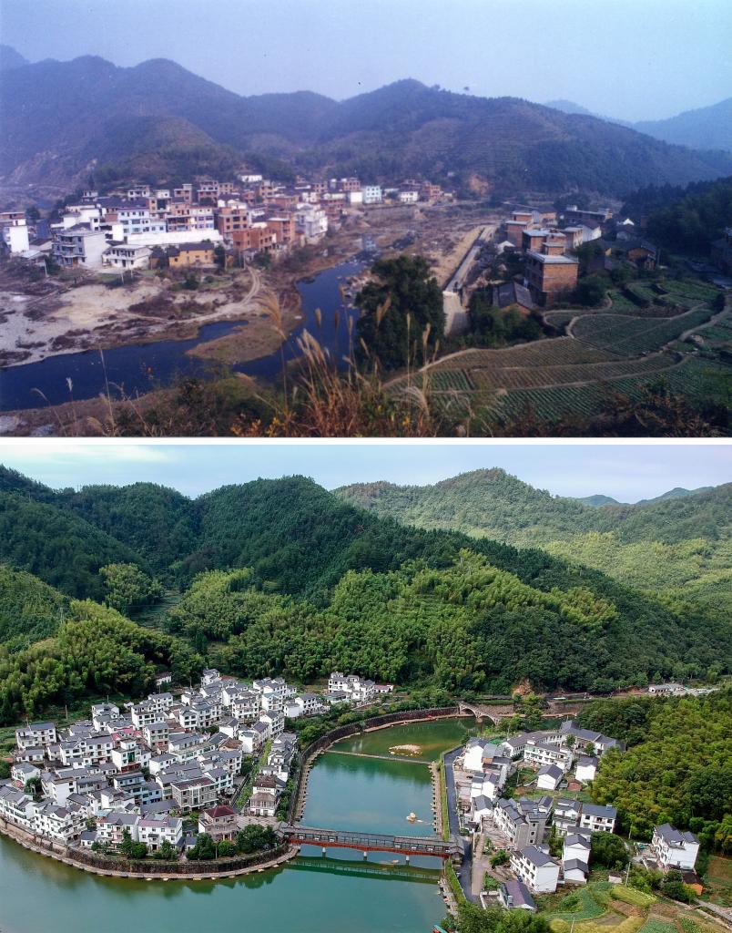 圖為浙江省杭州市淳安縣楓樹嶺鎮(zhèn)下姜村拼版圖，其中上圖為資料照片、下圖由新華社記者張鋮攝。