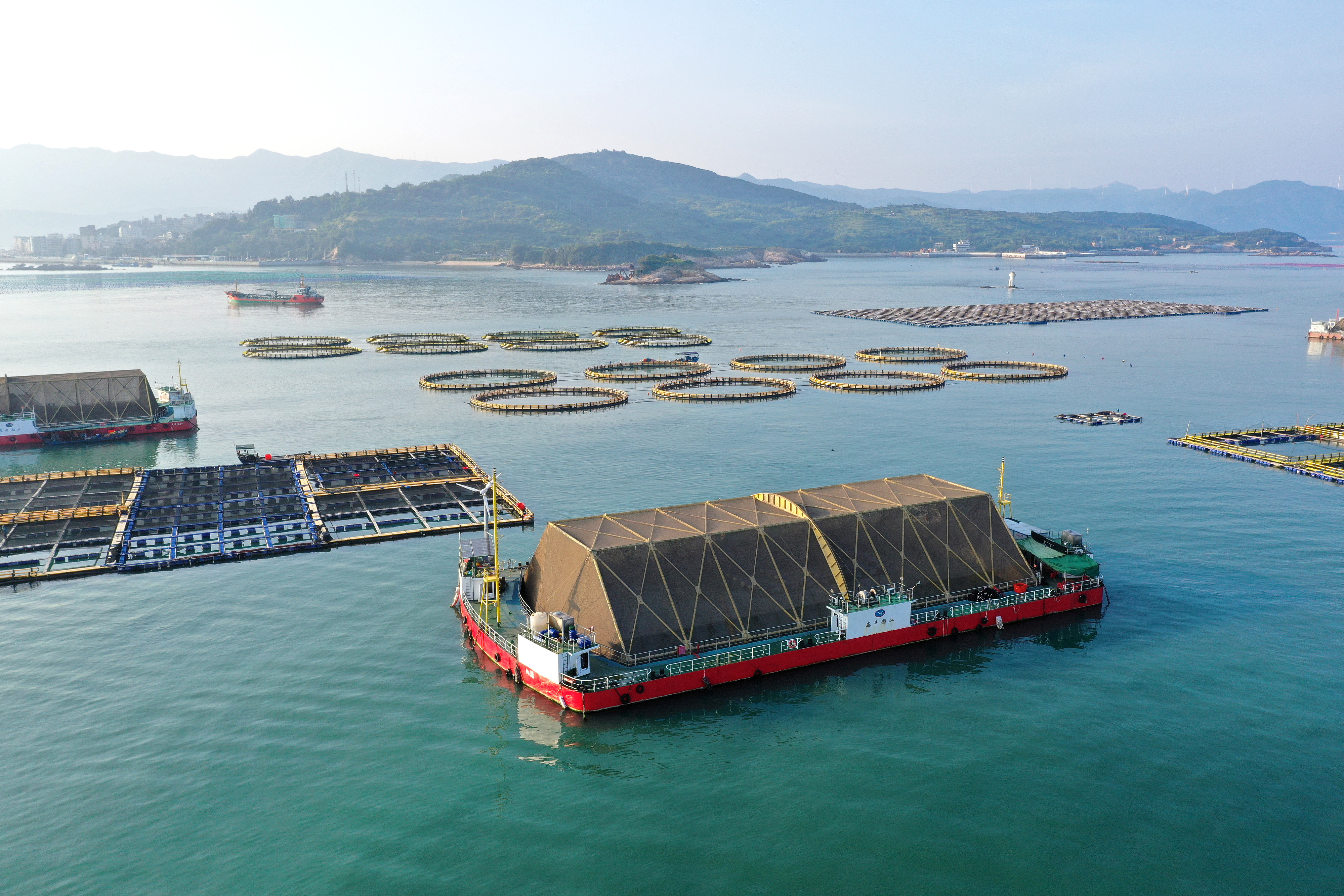 2024年9月10日拍攝的福建省福州市連江縣定海灣海域的現(xiàn)代化“海上糧倉(cāng)”。