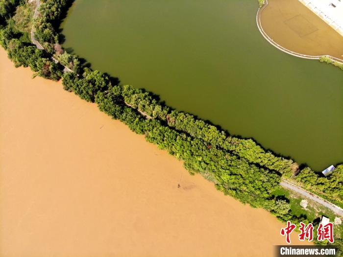 圖為2020年9月3日航拍黃河蘭州段濕地公園現(xiàn)黃河“鴛鴦鍋”。(資料圖) 高瑩 攝